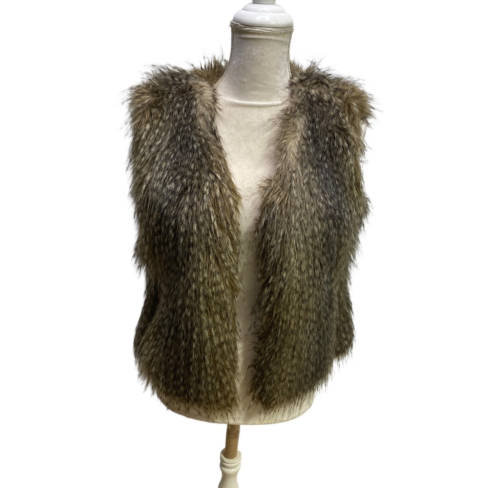 Express Womens Faux Fur Vest Brown Tan‎ Animal Print S/P Sleeveless Gilet